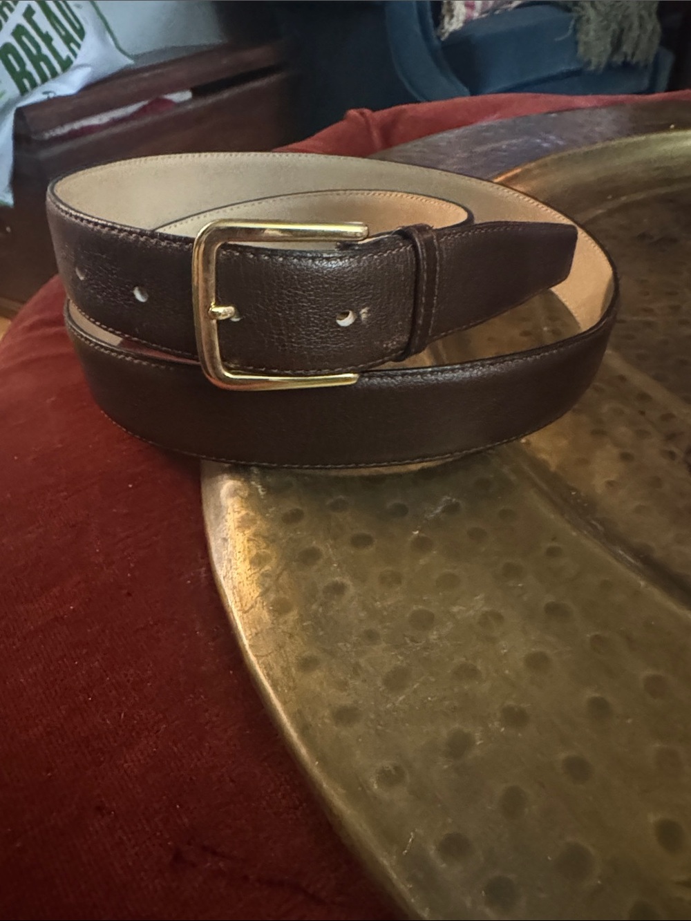 Men's Dark Brown Leather Belt with Gold-Tone Buckle
